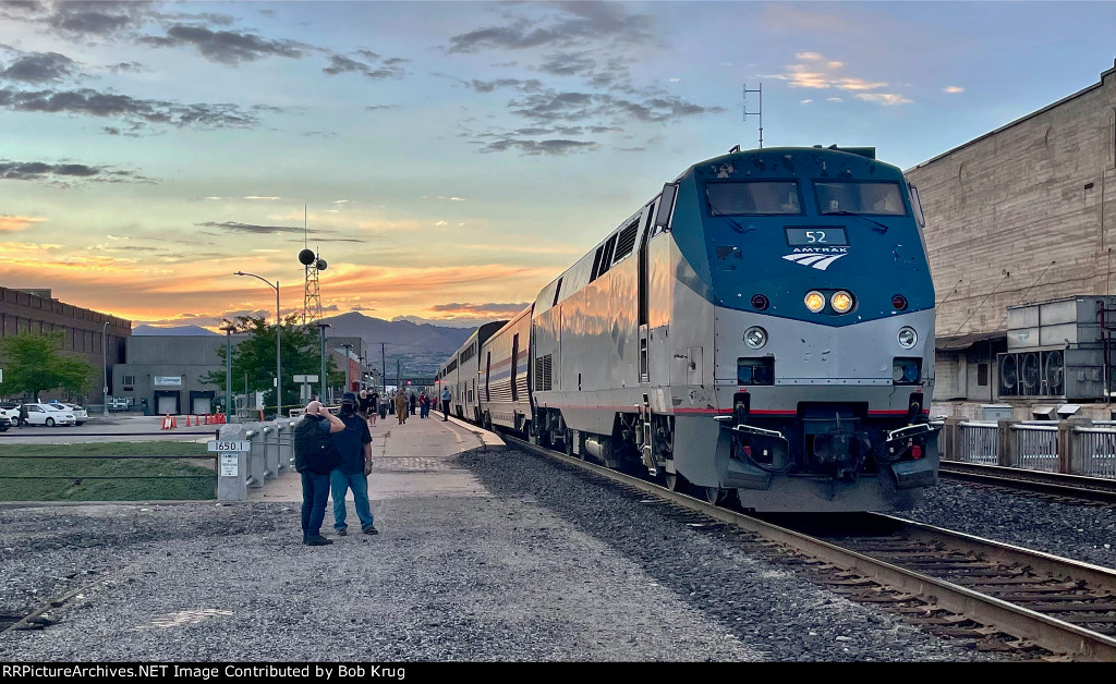 The eastbound Seattle section of the Empire Builder calls at Wenatchee, Washington at dusk